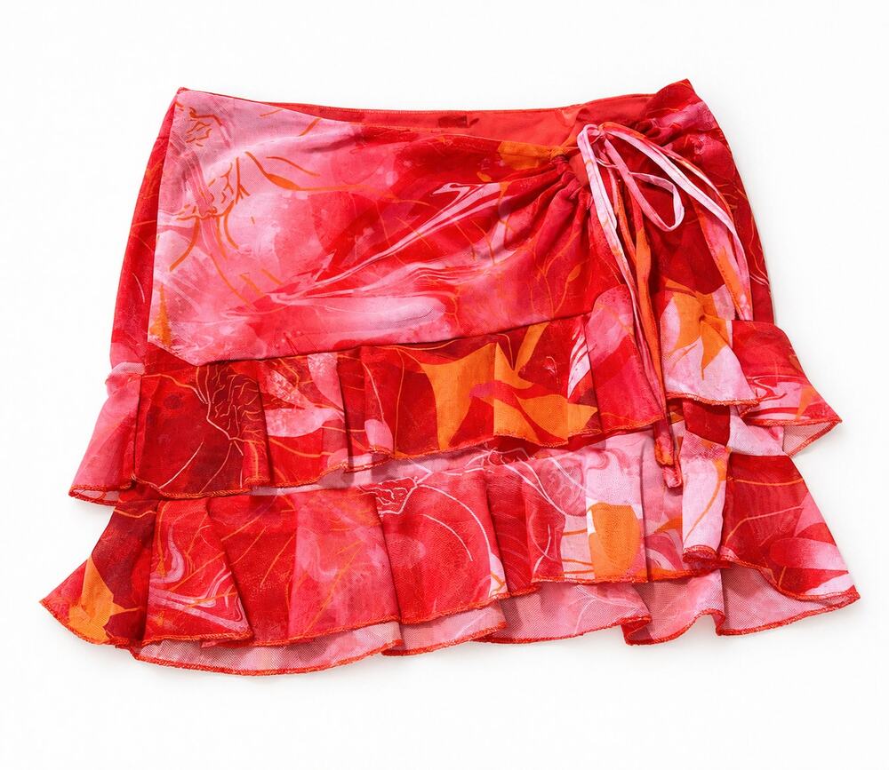 OUTCAST Womens Extra Small Orange Floral Mesh Ruffle Ruched Mini Skirt Wrap XS